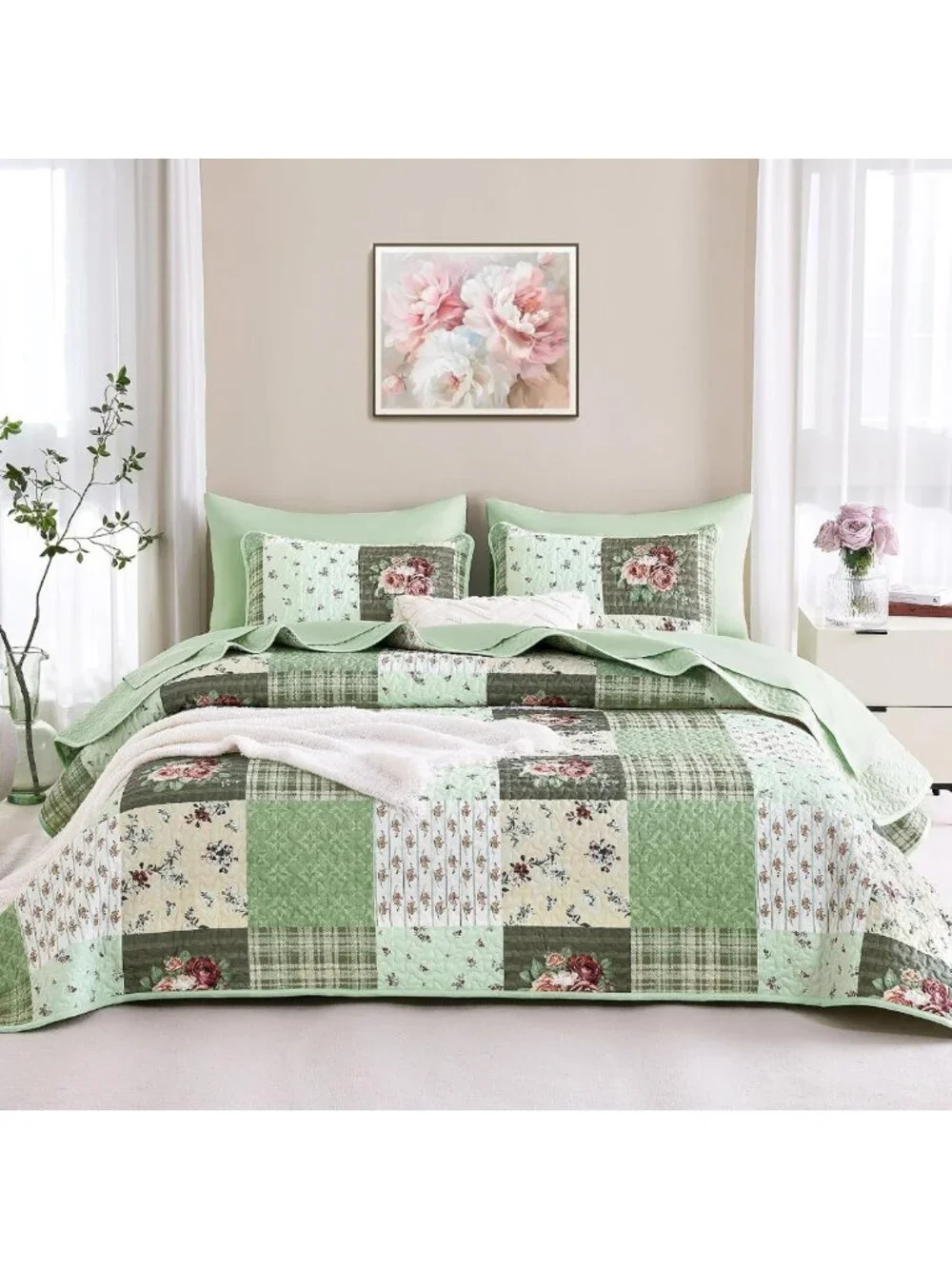 Floral Patchwork Quilt Set - Reversible Lightweight Bedspread, King Size
